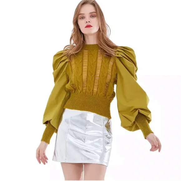 New Bishop Puff Sleeves Distress Crew neck Black color Pull on Sweater - Picture 5 of 12